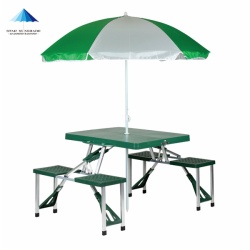 Folding portable plastic picnic camp table with seat and umbrella