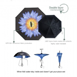 Auto Open Inverted Umbrella Double Layer Reverse Umbrella, UV Protection Windproof Straight Umbrella Inside Out Umbrella for Car with C-Shaped Handle